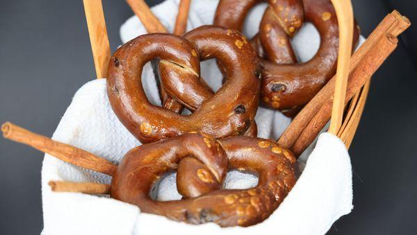 Baker's Mann Pretzels (Cinnamon-Raisin)--[garnished for effect with cinnamon sticks]