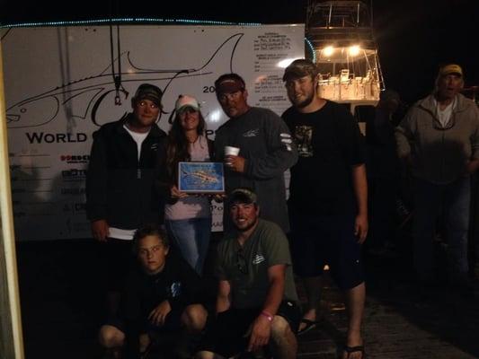 Captain and Crew accepting their 3rd place trophy for one of the most exciting Cobia tournaments in the world!!