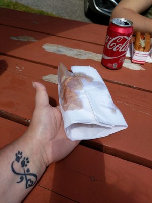 This is how my burger came....not sure if it's a sign of a good burger or bad??  Cheap premade patties and the size of my palm....$4