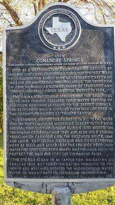 1968 historical marker for Comanche Springs (which have been dry since the 1950s due to overpumping by landowners).