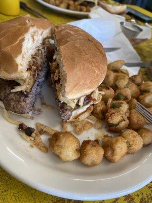 Bacon cheeseburger with pepper Jack cheese and fried okra.