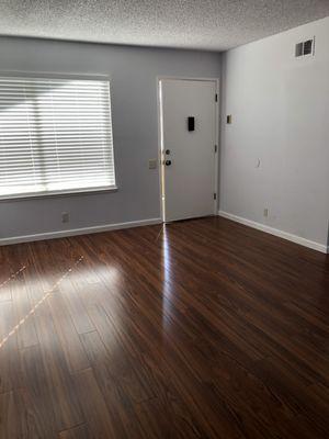 Front room, flooring, and blinds