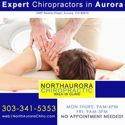 Aurora, CO chiropractors, North Aurora Chiropractic, a walk-in clinic. Located at: 2499 Peoria Street, Aurora, CO 80010