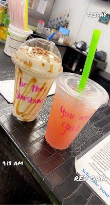 Marlee's Pink Flamingo tea & Caramel Pecan Cheesecake shake