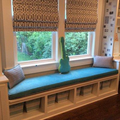 Two sided indoor cushion for window seat.