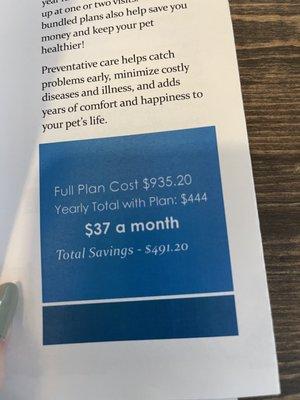 Basic wellness plan. $935 per pet.