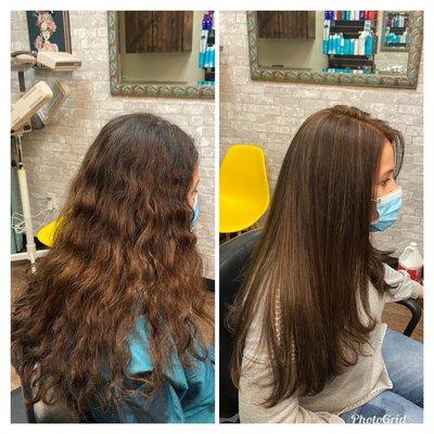 Color corrections. Dark base color with light brown highlights and long layers haircut.