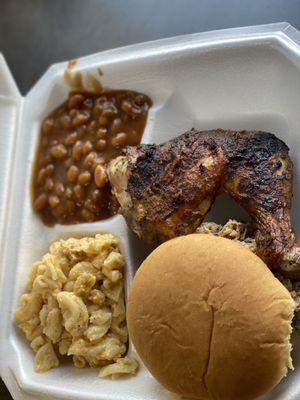 Badd Newz BBQ Pulled Pork and Leg Qrt plate with Mac and Cheese and baked beans