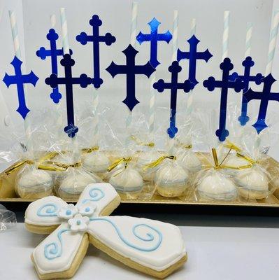 First communion cookies and cake pops.