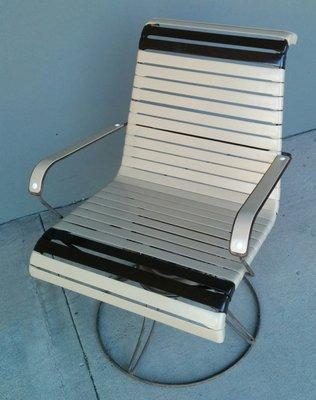 Homecrest furniture from the 50s & 60s. Terrific wrought iron swivel rocker with new straps & arm rests!