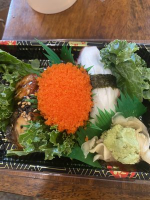 Eel, flying fish roe, and octopus sushi