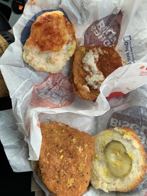 Chicken biscuits wanted mustard and pickle. We should have said pickles and a table spoon of mustard, or 2 medium squirts of mustard?!