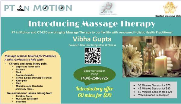 PT in Motion and OT-ETC are recommending Barefoot Integrative Wellness, and opening Massage Therapy unit at their facility.