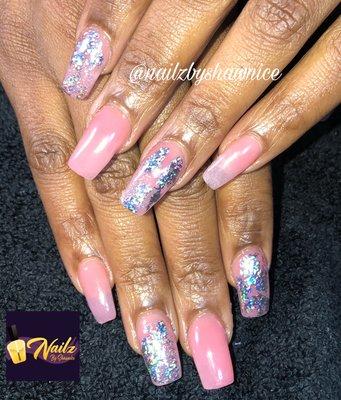 Color Pink Acrylic Set! With Foil Nail Art!