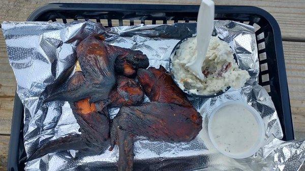 The smoked wings and potato salad with homemade ranch.