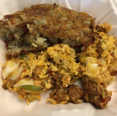 3 Egg Scramble w/ Chorizo and Oaxaca Cheese and Hash Browns ($5 Friday Special, Regularly $6.49)