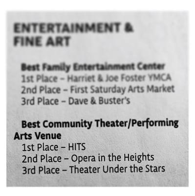 HITS Theatre wins Best Community Theater/Performing Arts Venue of 2015 from The Leader News.