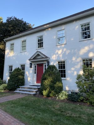 White Dove, Edgecomb Gray trim, Pomegranate door.