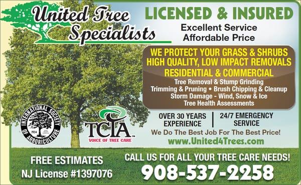 United Tree Specialists - #1 Top Rated Customer Service.  Licensed and Insured with over 30 years of tree experience. Call Today