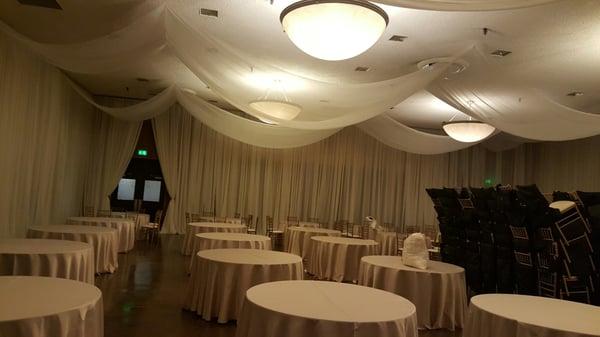 main church hall set up for a wedding reception