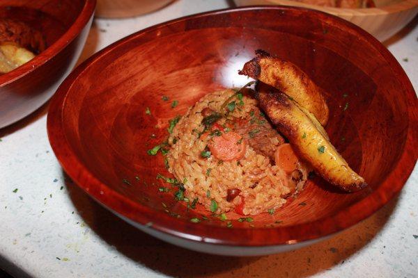 Trinidad I Pelau - Stewed Rice with Beef and Mixed Vegetables with a side of sweet plantains.