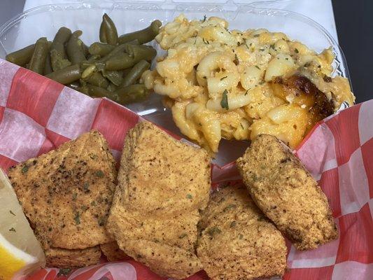 Fried salmon nuggets dinner Mac & string beans