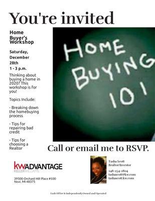 Free home buyer's workshop 12/28/19. Call to register today!