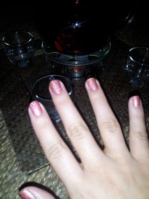 The relaxation lounge is a bit dim, so maybe the flash isn't doing my nails justice. Manicure courtesy of Tracy!