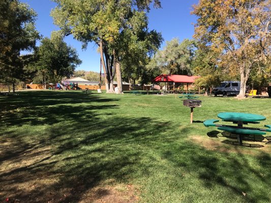 Grassy area and another playground set in background