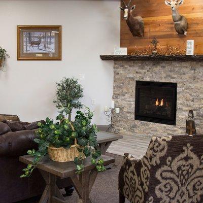 Fire place and lounge area on main floor.