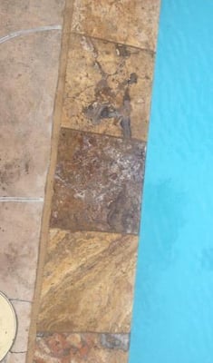 Pyette Remodel: After.   New Scabos Travertine Coping & Mastic Expansion Joint