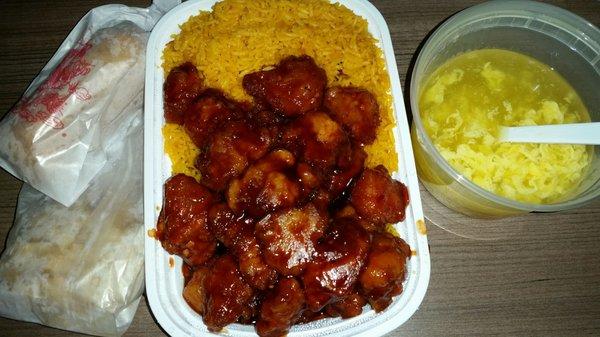 For under $10 I got a general tso w/ roast pork fried rice combo with an egg roll, and a small egg drop soup.   Only ate half.