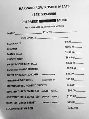 Prepared menu for Passover