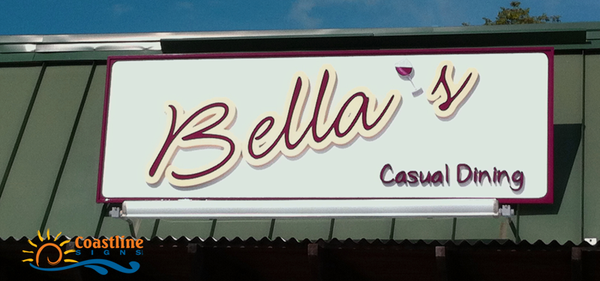 Bella's Restaurant in Durham, NH. Wood sign with signfoam dimensional letters painted and applied.