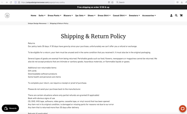 Screenshot from the vendor's website, regarding returns.