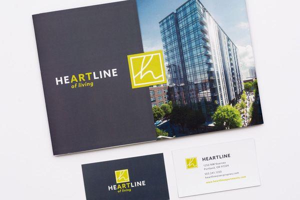 Brochure and business card design for Heartline Apartments in Portland's Pearl District neighborhood.