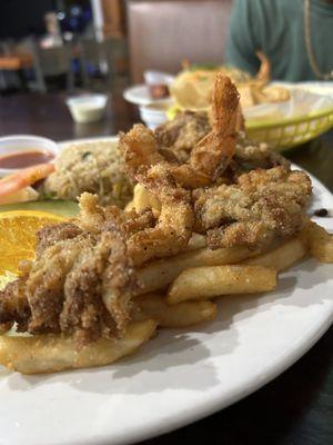 Fried Shrimp with fried rice, fried oysters, and salad...