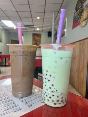 Thai ice coffee and honeydew melon bubble tea!