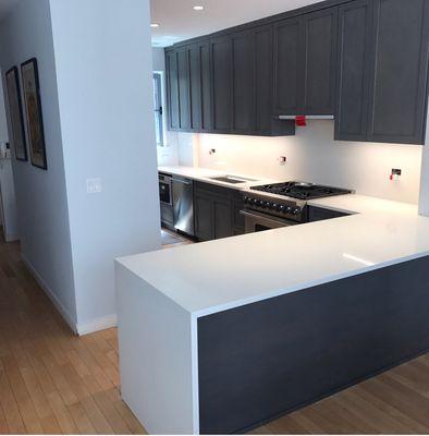 E 57th street Quartz countertops with waterfall edge.