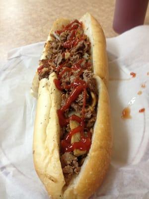 Mushroom cheesesteak w grilled onions & ketchup