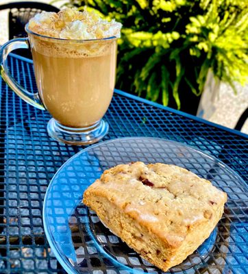 Maple pecan scone & White Choc Pumpkin Mocha