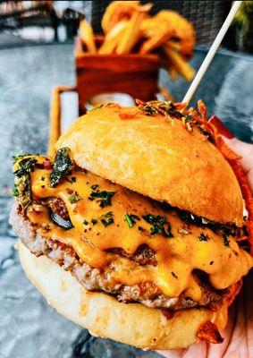 Smash burger - beef (new) with a side of sweet potatoes fries which comes separately from the burger