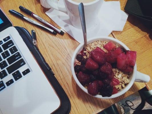 My go-to breakfast selection: fruit, yogurt & granola.