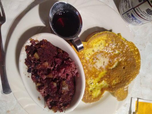 Homemade corn beef hash and french toast with real maple syrup!