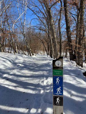 Trail marker alongside a snowy wooded path