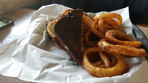 Onion Rings and the Black and Gold sandwich.