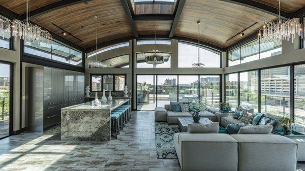 Bright rooftop-level mini-kitchen and sitting area