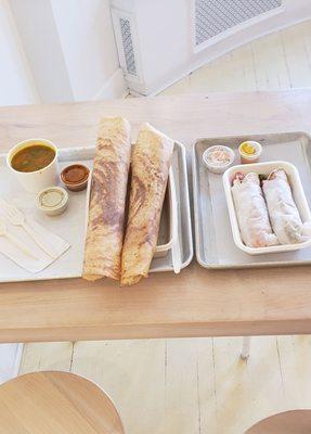 Spinach Dosas on left, cauliflower & chickpea Kati Rolls on right