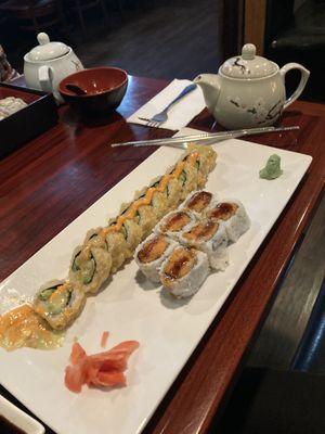 Sweet potato roll, Jan roll (without seafood), and hot tea