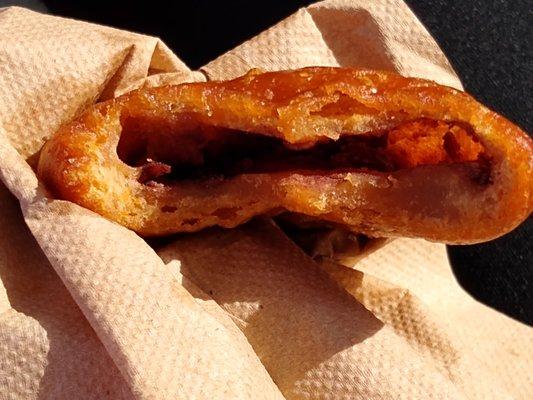 inside of fried Asian pastries with red beans